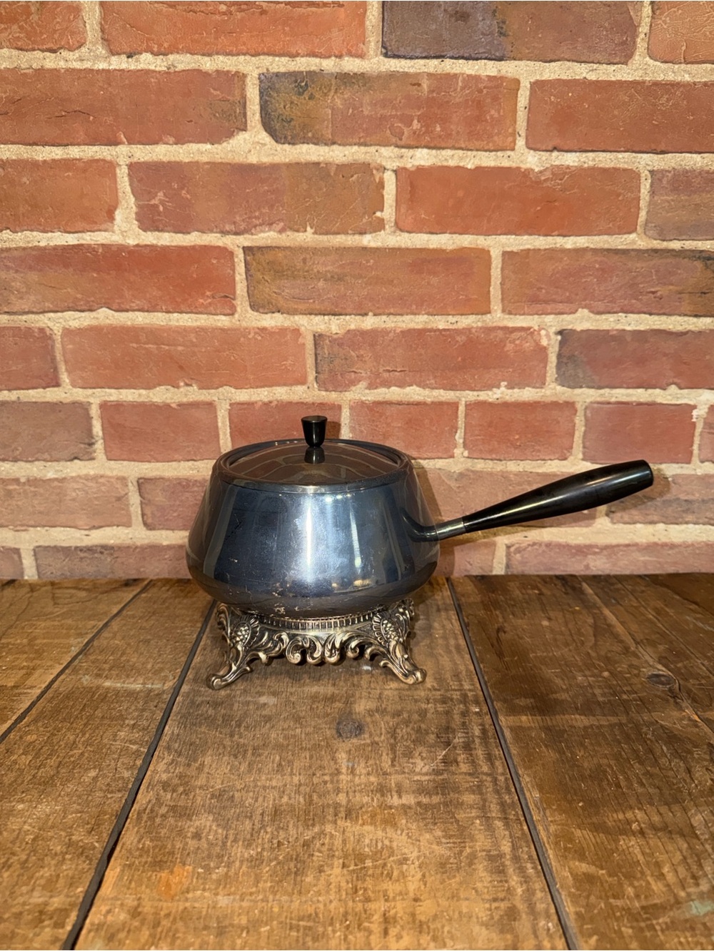 Vintage Mid Century Fondue Pot Chafing Dish Silver Plate Ornate Base Japan Black